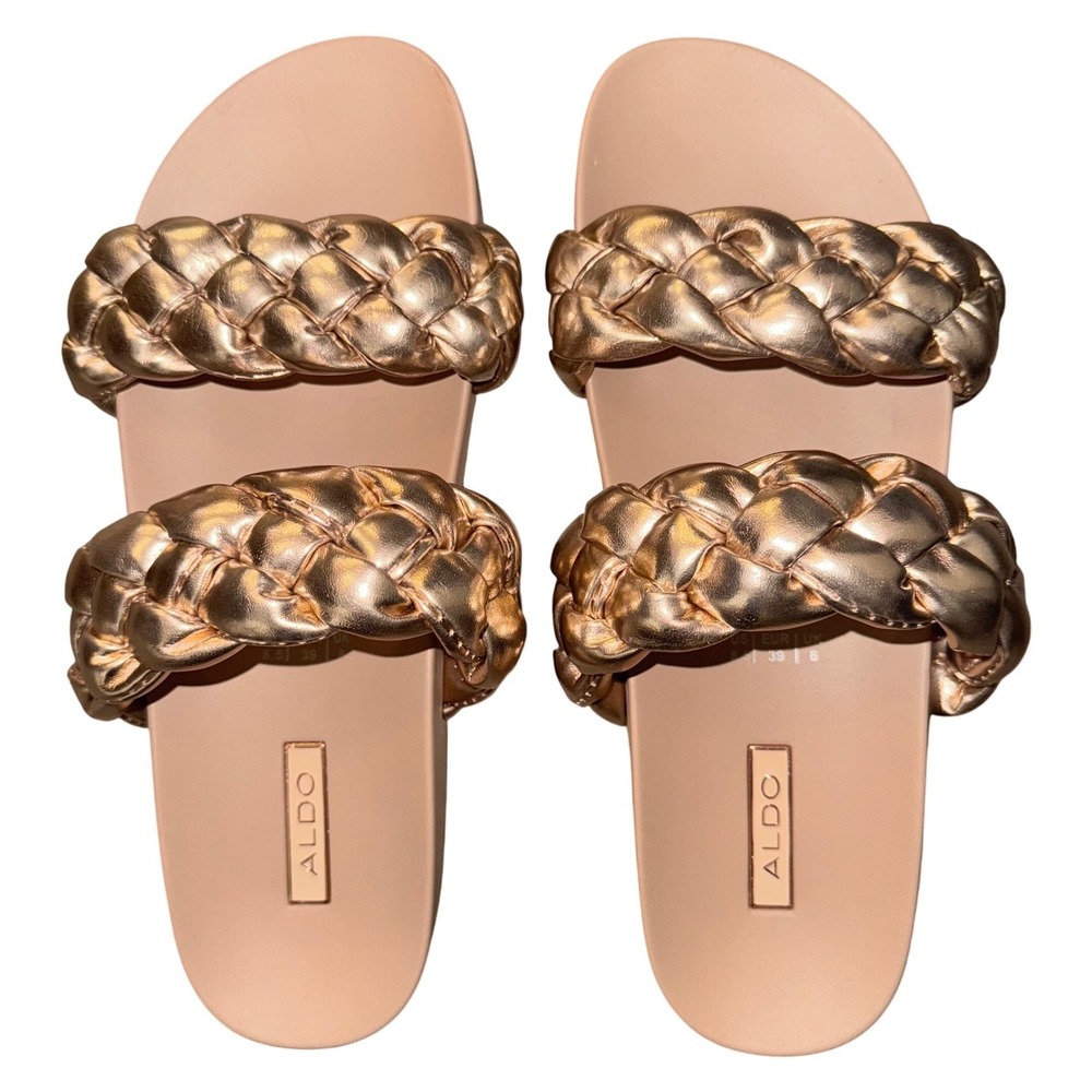 Aldo Metallic Braided Double Strap Slides – Rose Gold, Size 8.5‎ NWOT